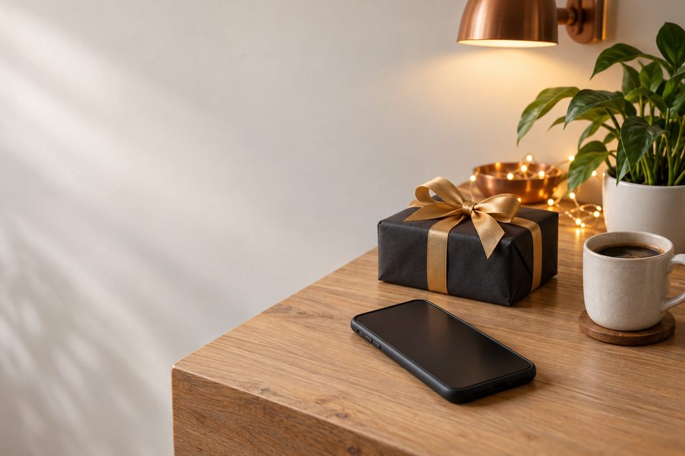 A phone next to a gift with a blue ribbon on a wooden table