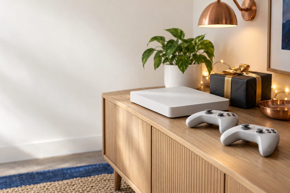 A white game console with two controllers and a gift with a blue ribbon on a wooden cabinet