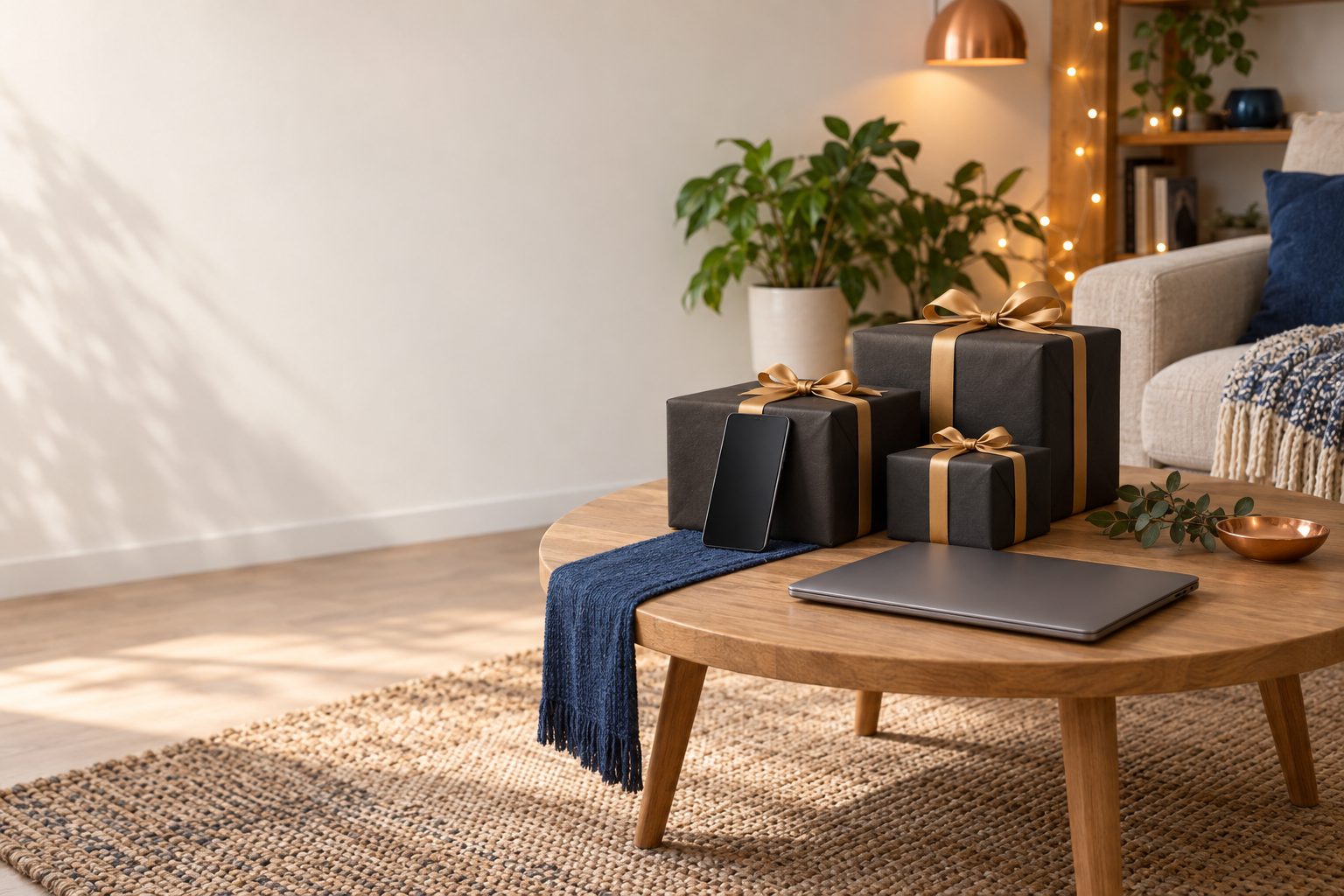 Kraft-paper wrapped gifts with blue ribbon, a phone and a notebook on a wooden table