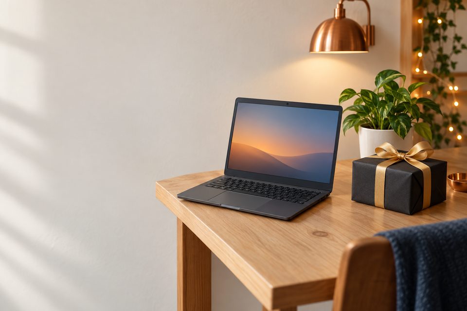 An open notebook next to a gift with a blue ribbon on a wooden desk