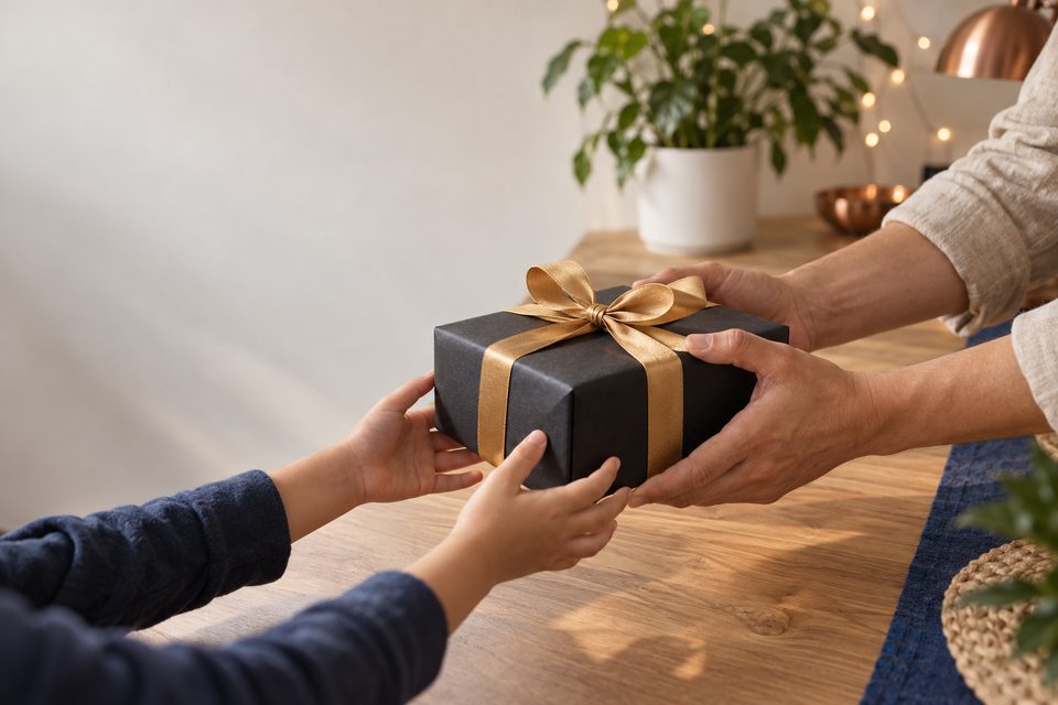 An adult hands a child a gift wrapped in kraft paper with a blue ribbon